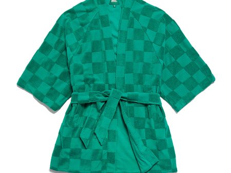 Estelle Terrycloth Check Robe - Kelly Green Hot on Sale